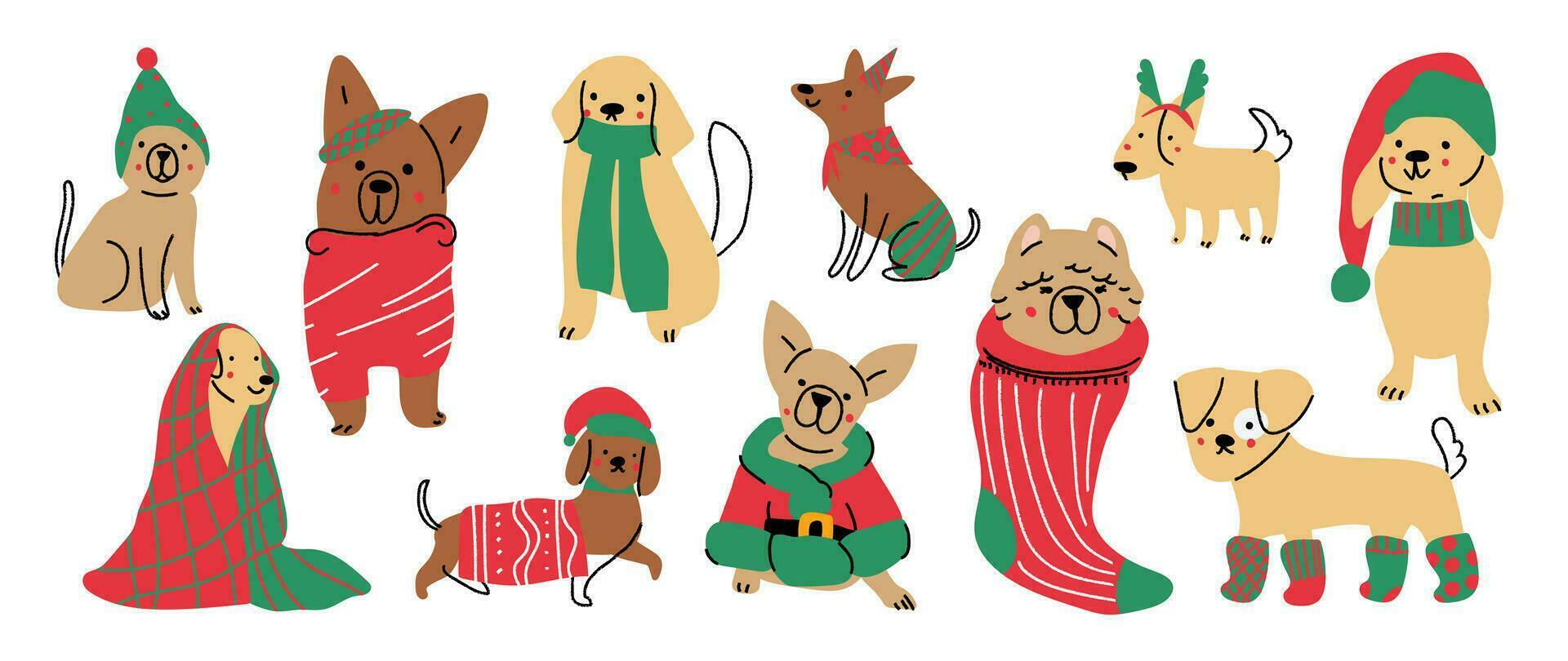 alegre Natal e feliz Novo ano conceito fundo vetor. coleção desenhando do fofa cachorros com decorativo lenço, fita, chapéu. Projeto adequado para bandeira, convite, cartão, saudações, bandeira, cobrir. vetor