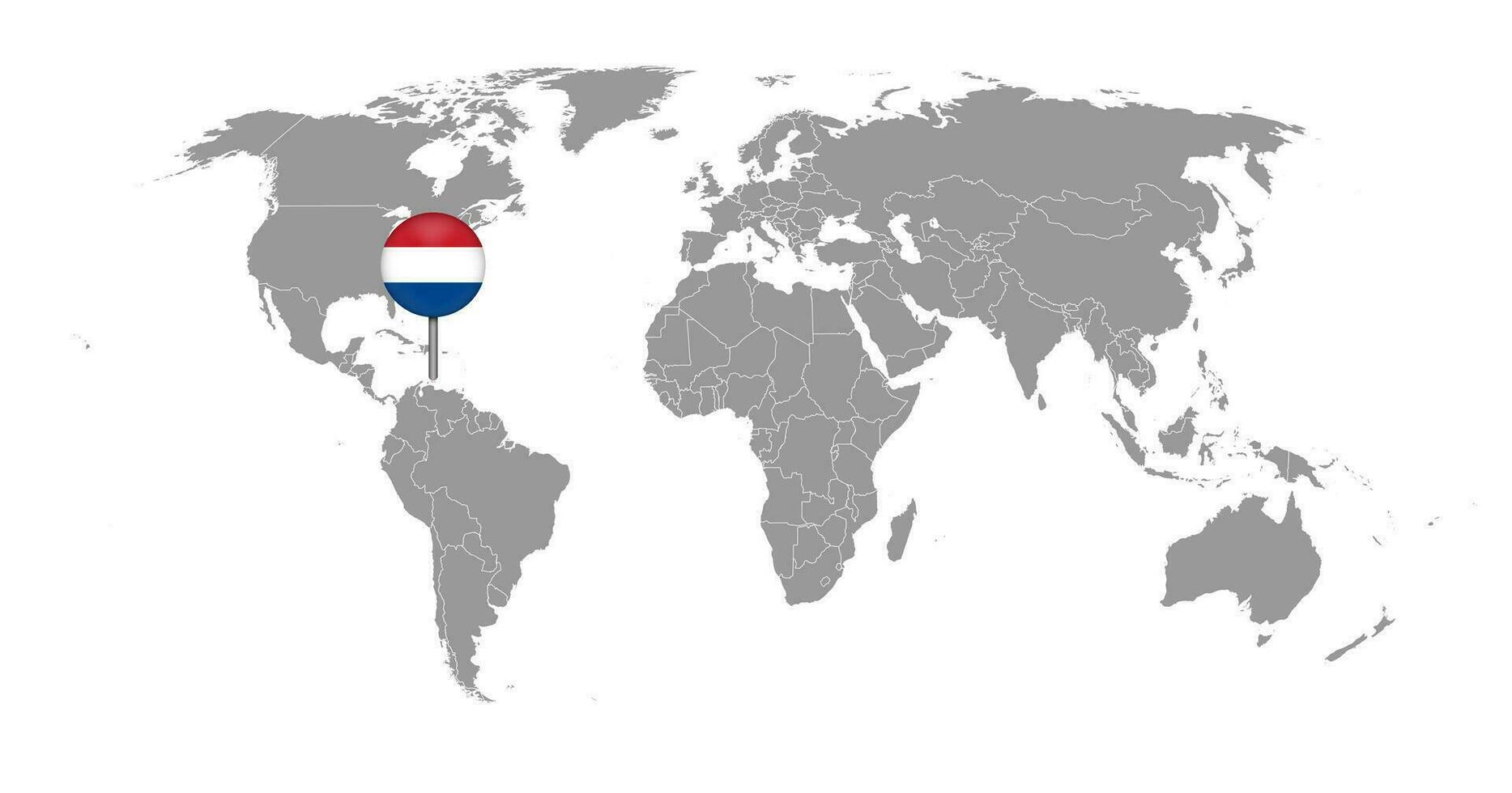 mapa de pinos com bandeira da Holanda do Caribe no mapa do mundo. ilustração vetorial. vetor