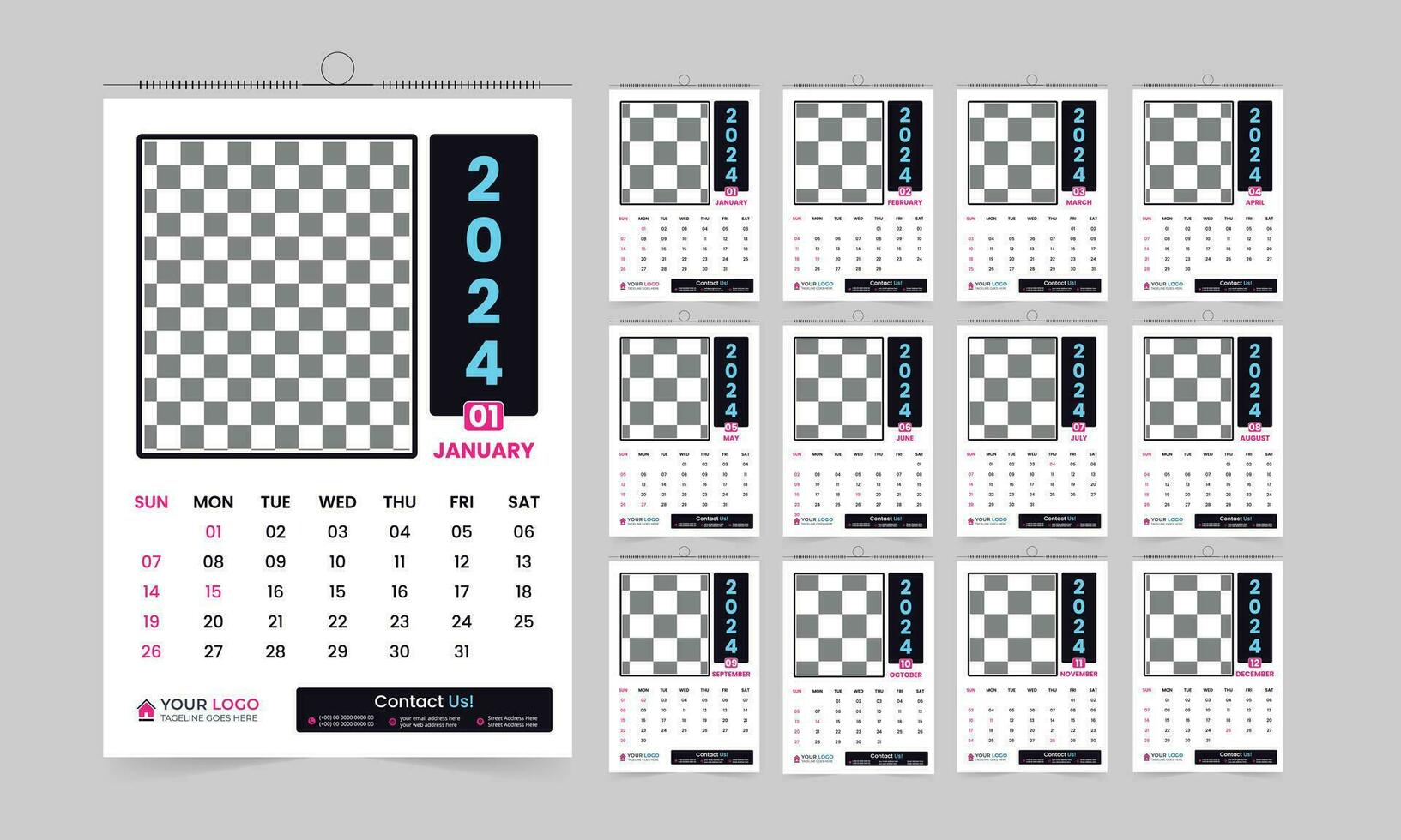 moderno profissional 2024 parede calendário projeto, 12 página alta qualidade pronto para impressão calendário vetor modelo