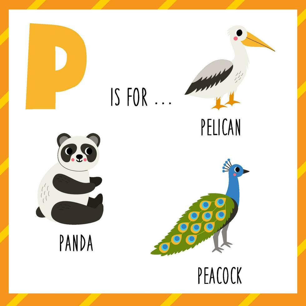 Aprendendo Inglês alfabeto para crianças. carta pág. fofa desenho animado pelicano panda pavão. vetor