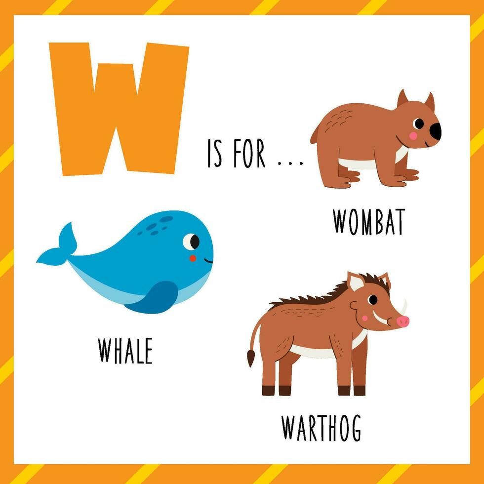 Aprendendo Inglês alfabeto para crianças. carta W. fofa desenho animado baleia wombat javali. vetor