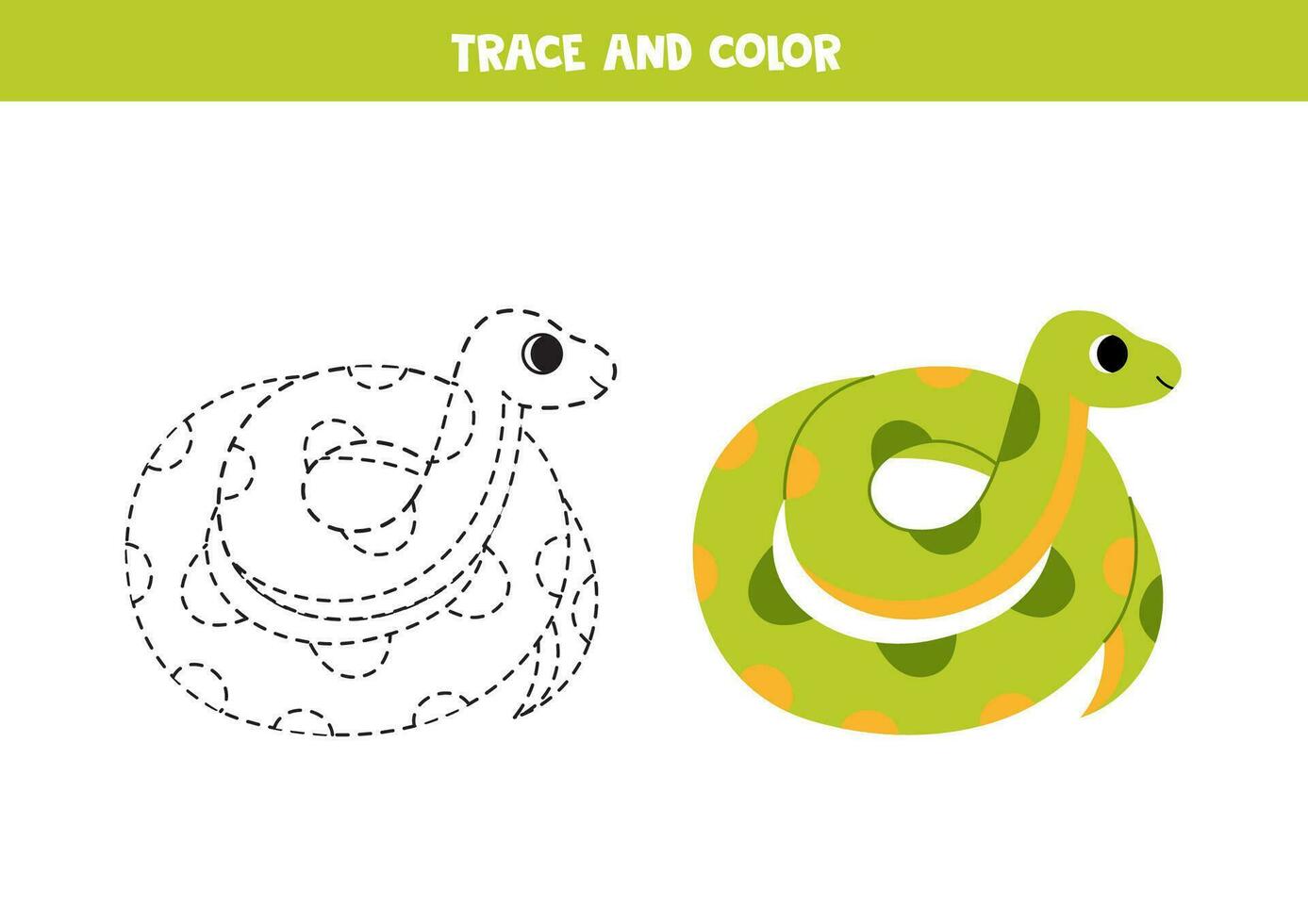 vestígio e cor desenho animado verde anaconda. planilha para crianças. vetor