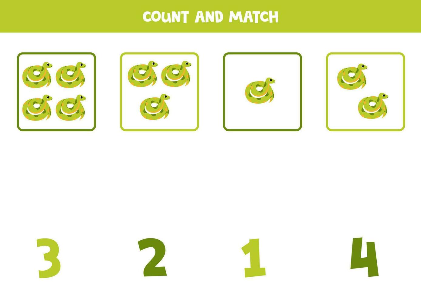 contando jogos para crianças. contagem todos verde sucuris e Combine com números. planilha para crianças. vetor