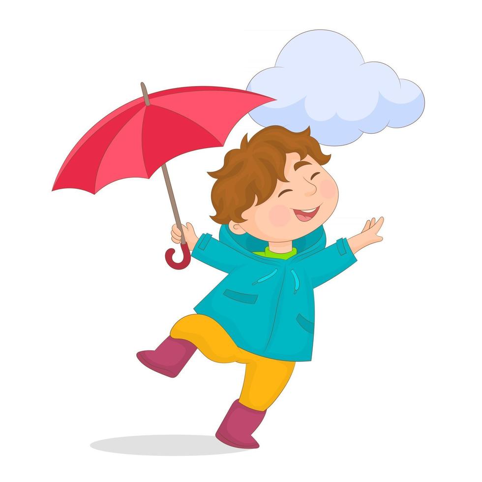 menino com guarda-chuva e botas se divertindo na chuva vetor
