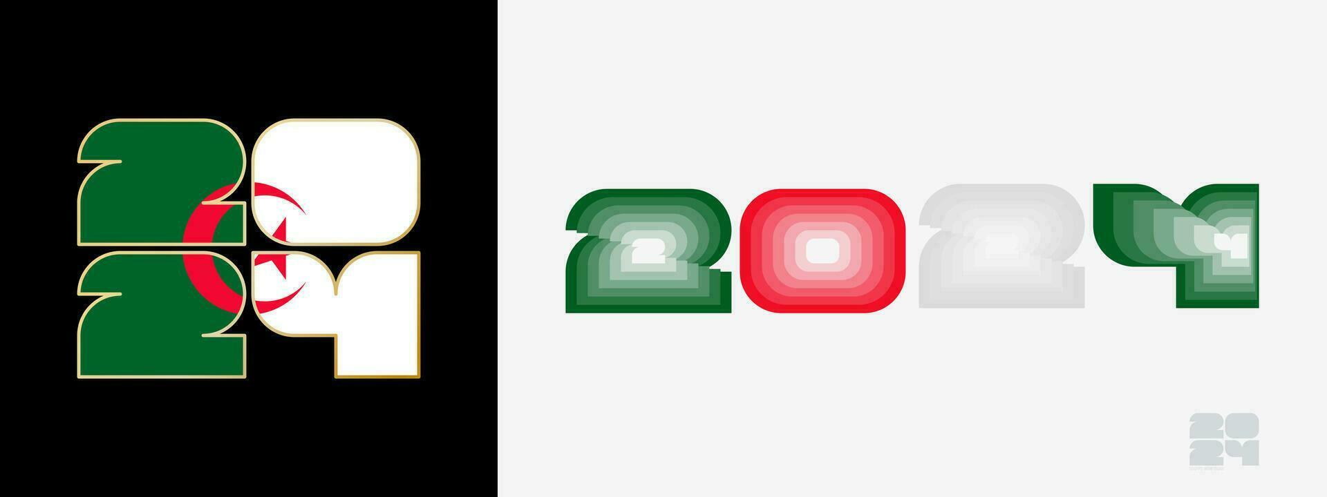ano 2024 com bandeira do Argélia e dentro cor palato do Argélia bandeira. feliz Novo ano 2024 dentro dois diferente estilo. vetor