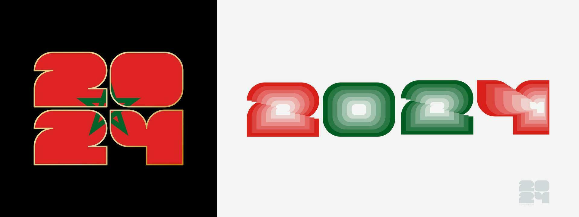 ano 2024 com bandeira do Marrocos e dentro cor palato do Marrocos bandeira. feliz Novo ano 2024 dentro dois diferente estilo. vetor