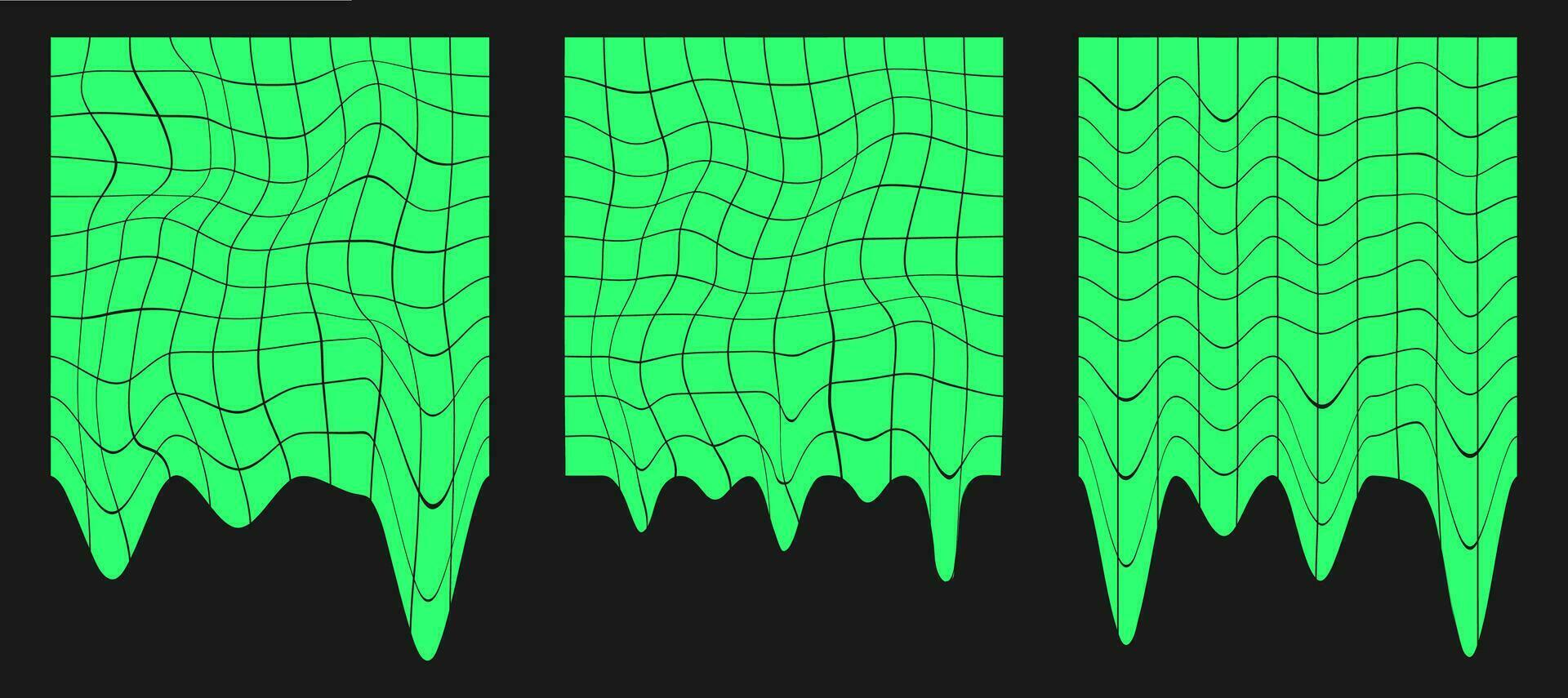 conjunto do distorcido cyber grades. cyberpunk geometria elemento ano 2000 estilo. isolado verde malha em Preto fundo. vetor moda ilustração.