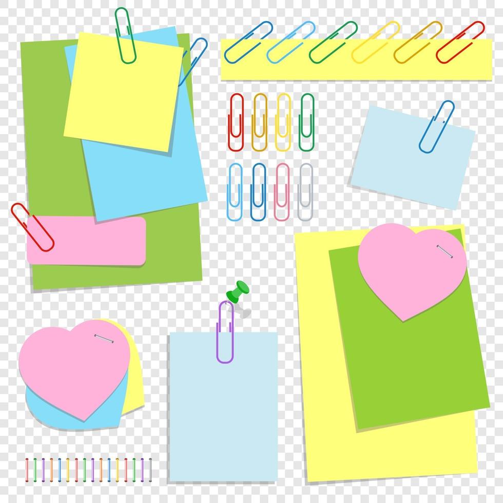 um conjunto de folhas adesivas coloridas de diferentes formas, botões e clipes. uma ilustração vetorial plana simples isolada em um fundo transparente. vetor