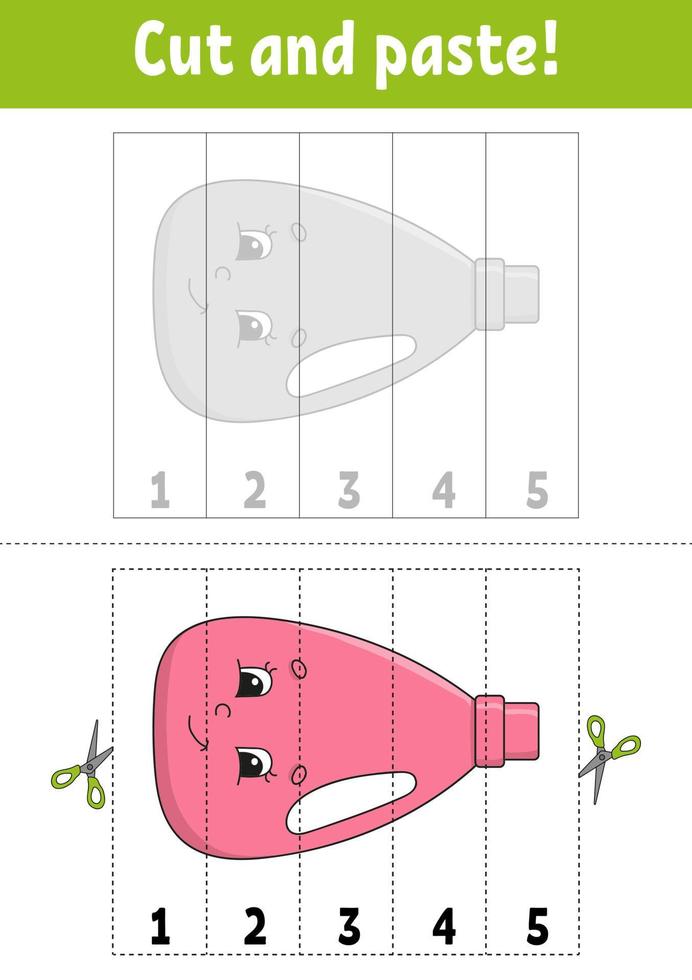 números de aprendizagem. corte e cole. planilha de desenvolvimento educacional. jogo para crianças. página de atividades. personagem engraçado. enigma para a pré-escola. ilustração vetorial plana isolada. estilo bonito dos desenhos animados. vetor