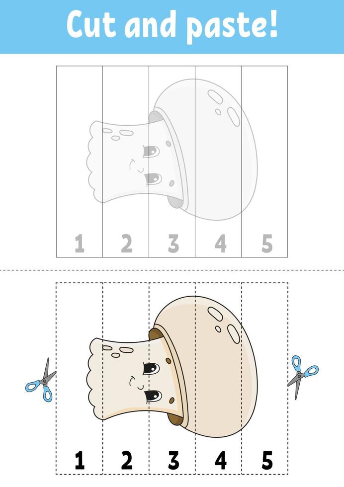 números de aprendizagem. corte e cole. planilha de desenvolvimento educacional. jogo para crianças. página de atividades. personagem engraçado. enigma para a pré-escola. ilustração vetorial plana isolada. estilo bonito dos desenhos animados. vetor