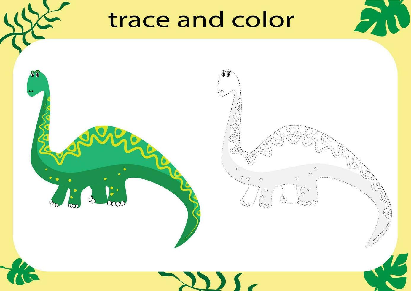 vestígio e cor a desenho animado dinossauro. caligrafia prática para crianças. educacional planilha para crianças. imprimível planilha. vetor ilustração.