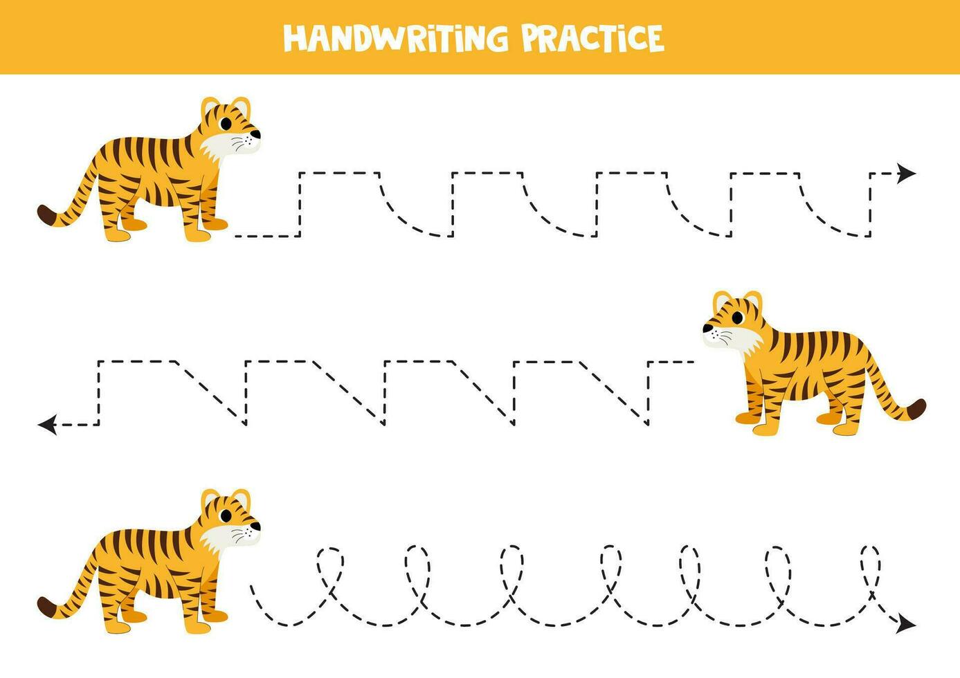 rastreamento linhas para crianças. fofa desenho animado tigre. caligrafia prática. vetor
