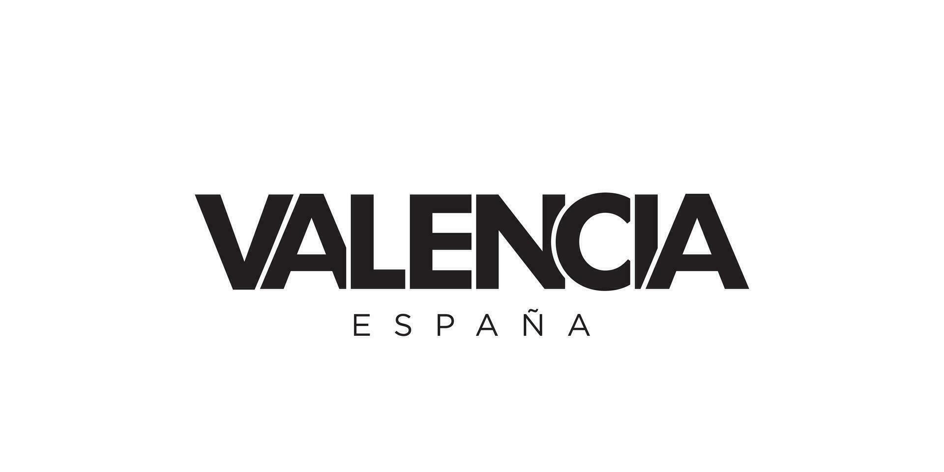 valencia dentro a Espanha emblema. a Projeto características uma geométrico estilo, vetor ilustração com negrito tipografia dentro uma moderno Fonte. a gráfico slogan rotulação.