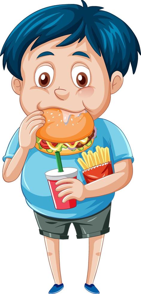 um menino comendo fastfood em um fundo branco vetor