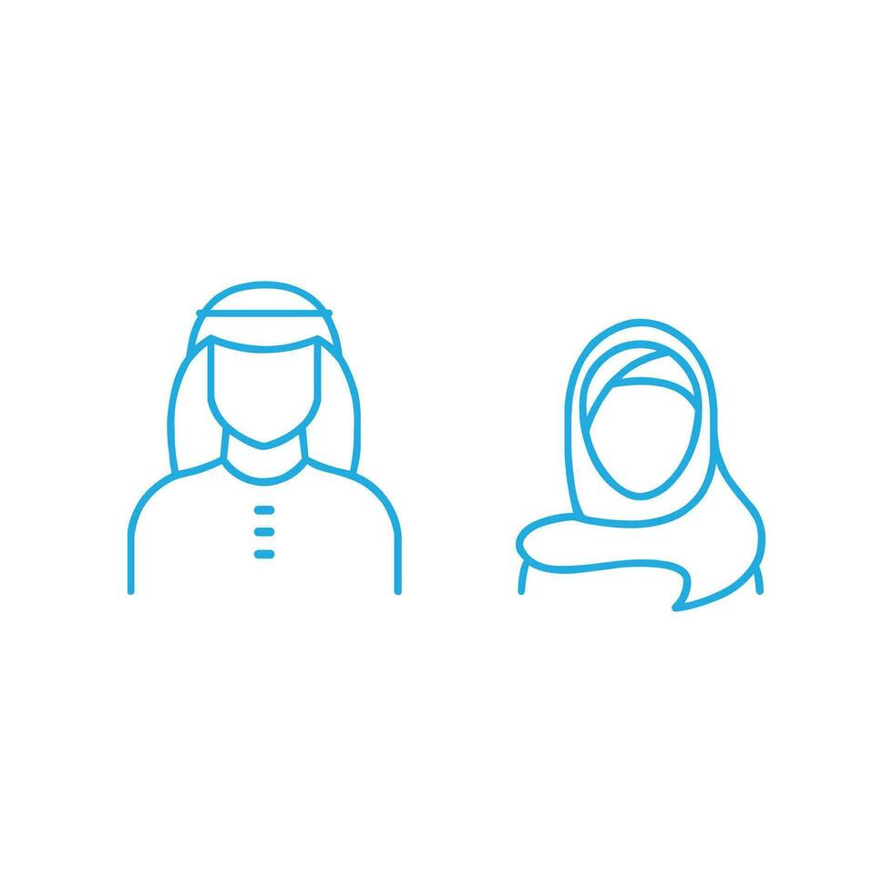 azul saudita pessoas linha arte ícone. homem e mulher dentro tradicional muçulmano shemakh cabeça cachecol isolado em branco fundo. árabe casal esboço forma. vetor ilustração editável acidente vascular encefálico