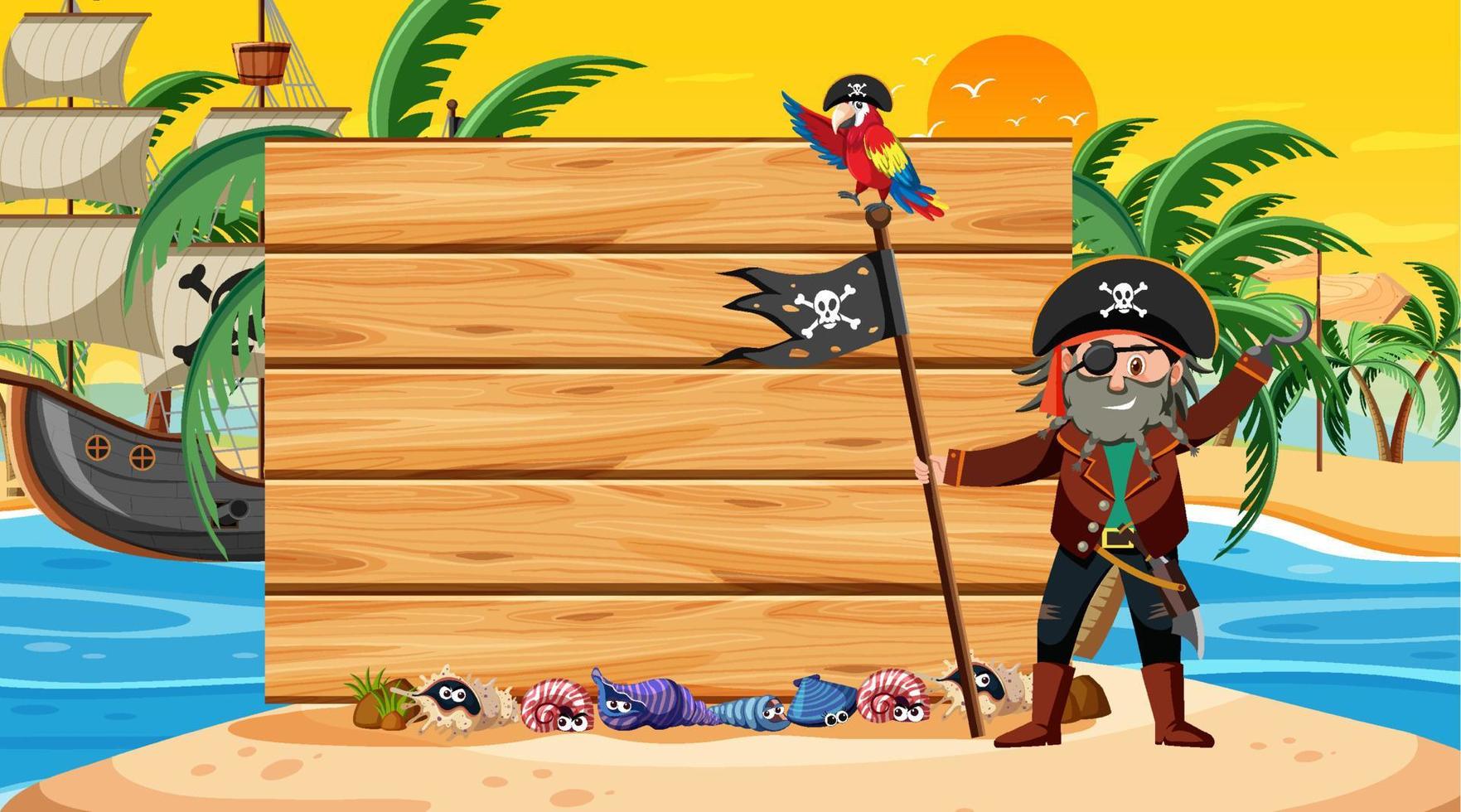 modelo de banner vazio com homem pirata na cena do sol na praia vetor