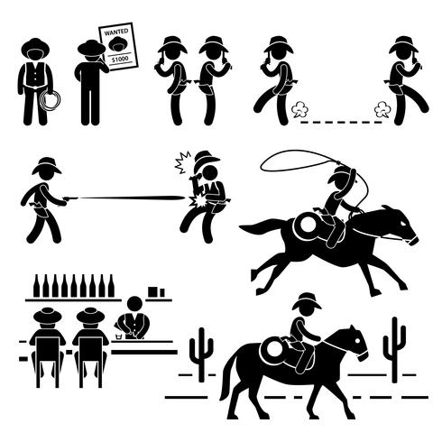 Vaqueiro Wild West Duel Bar cavalo Stick figura pictograma ícone. vetor