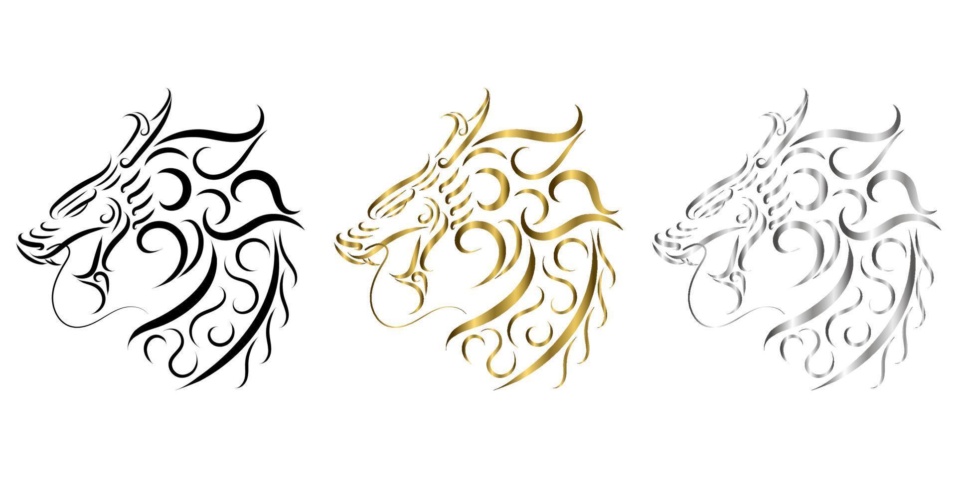 Três cores de ouro preto e arte de linha de prata da cabeça do dragão. vetor