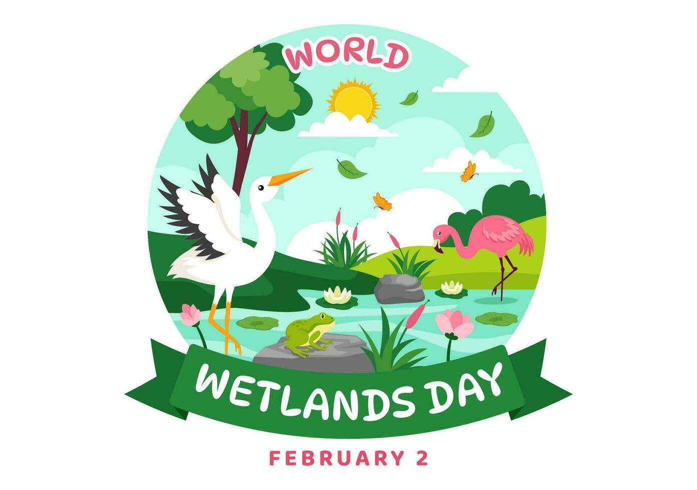 mundo zonas úmidas dia vetor ilustração em 2 fevereiro com cegonha animais e jardim fundo dentro feriado celebração plano desenho animado Projeto