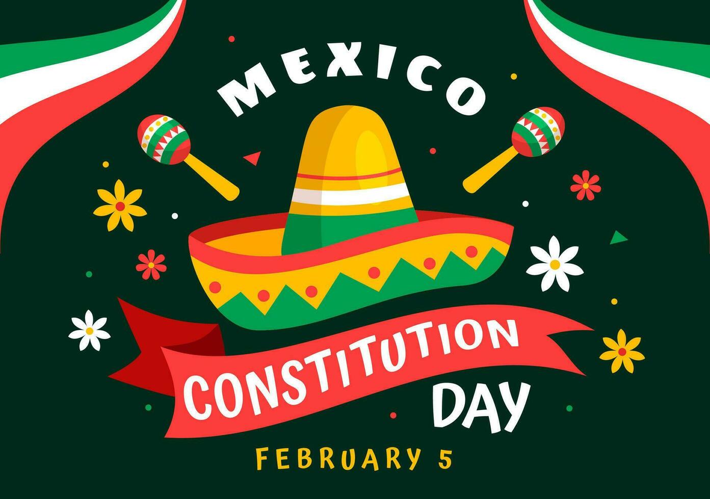 dia de la constituição vetor ilustração. tradução feliz constituição dia do México em fevereiro 5 com mexicano chapéu e acenando bandeira fundo