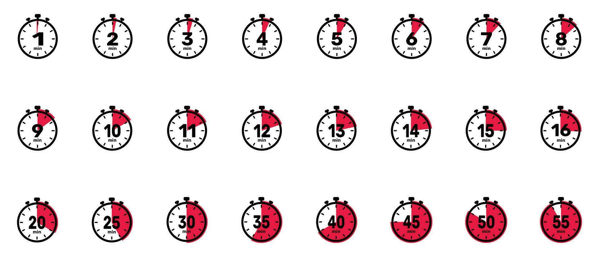 minutos analógico relógio Tempo conjunto ícone branco fundo. vetor