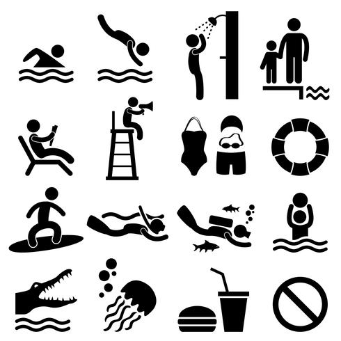 Ícone do pictograma do símbolo do sinal da praia do mar da piscina do homem. vetor