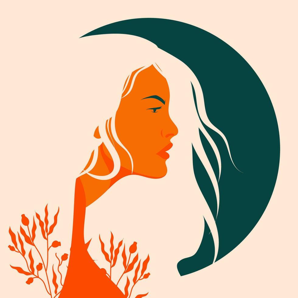 perfil do uma lindo menina com flores dentro dela cabelo. vetor ilustração dentro plano, simples estilo. Projeto elemento para cartazes, impressões para roupas, bandeiras, capas, sites, social redes, logotipo