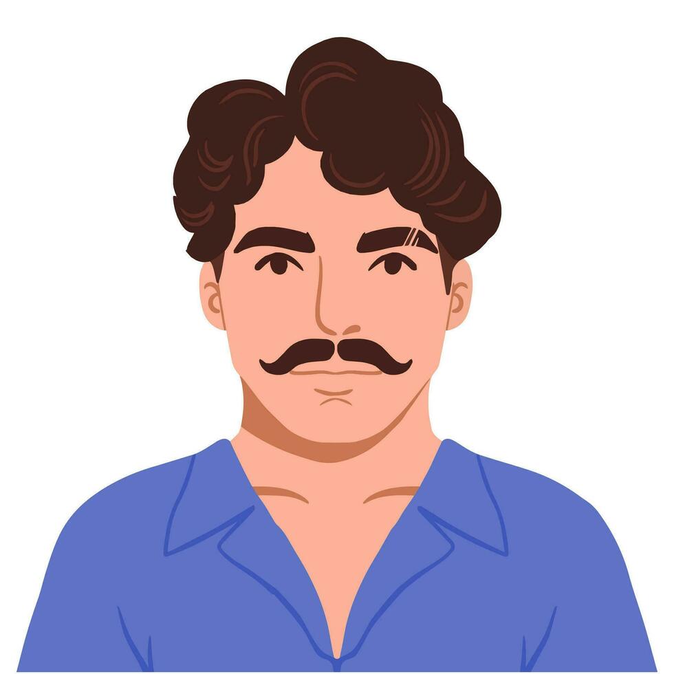 à moda bonito homem com bigode e Sombrio Castanho encaracolado cabelo. feliz pessoas avatares. cabeça retrato. colori plano vetor ilustração