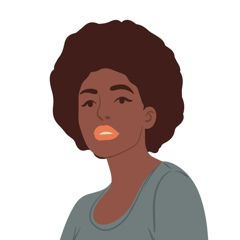 uma jovem Preto mulher com afro Penteado. feliz pessoas avatares. cabeça retrato. colori plano vetor ilustração.