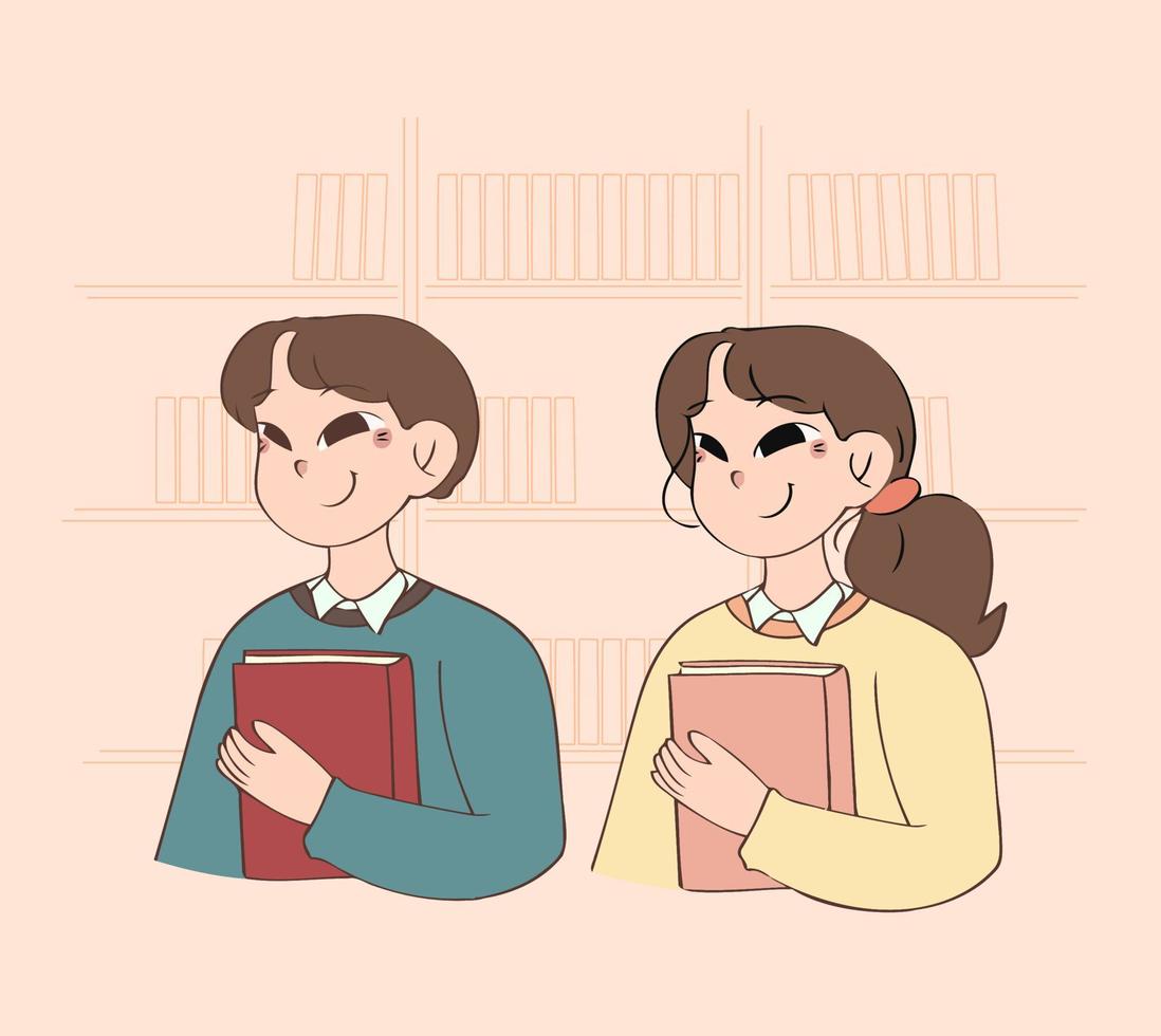 estudante menino e menina segurando um livro nas mãos vetor