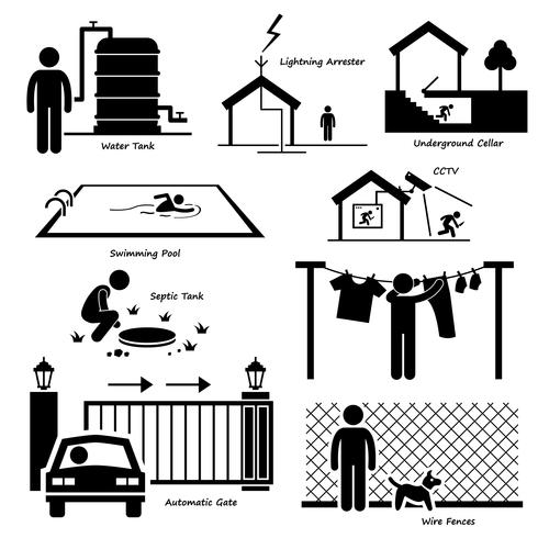 Casa casa estrutura exterior infra-estrutura e dispositivos elétricos Stick Figure pictograma ícone Cliparts. vetor