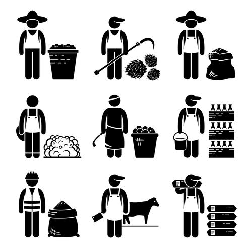 Commodities Alimentos Agrícolas Grãos Carne Stick Figure Pictogram Icons. vetor