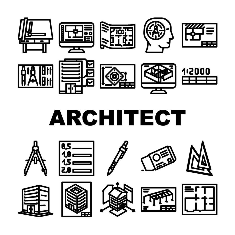 arquitetônico desenhista desenhando ícones conjunto vetor
