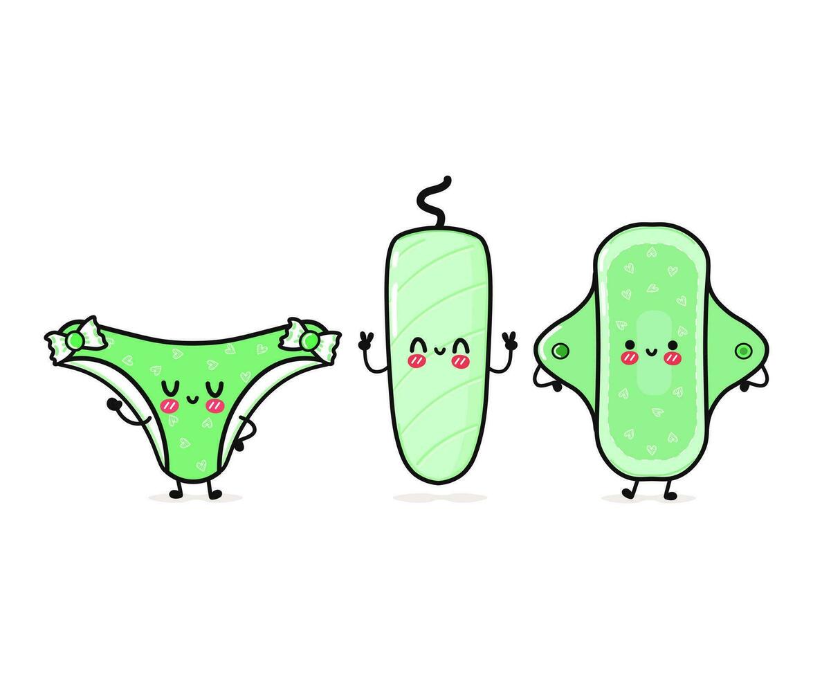 bonitinho, verde calcinhas, menstrual almofada, tampão. vetor mão desenhado desenho animado kawaii personagens, ilustração ícone. engraçado feliz desenho animado verde calcinhas, menstrual almofada, tampão mascote amigos