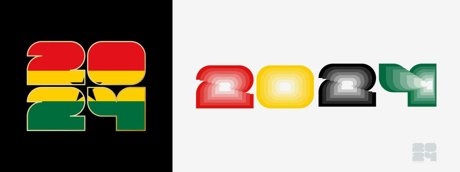 ano 2024 com bandeira do Gana e dentro cor palato do Gana bandeira. feliz Novo ano 2024 dentro dois diferente estilo. vetor