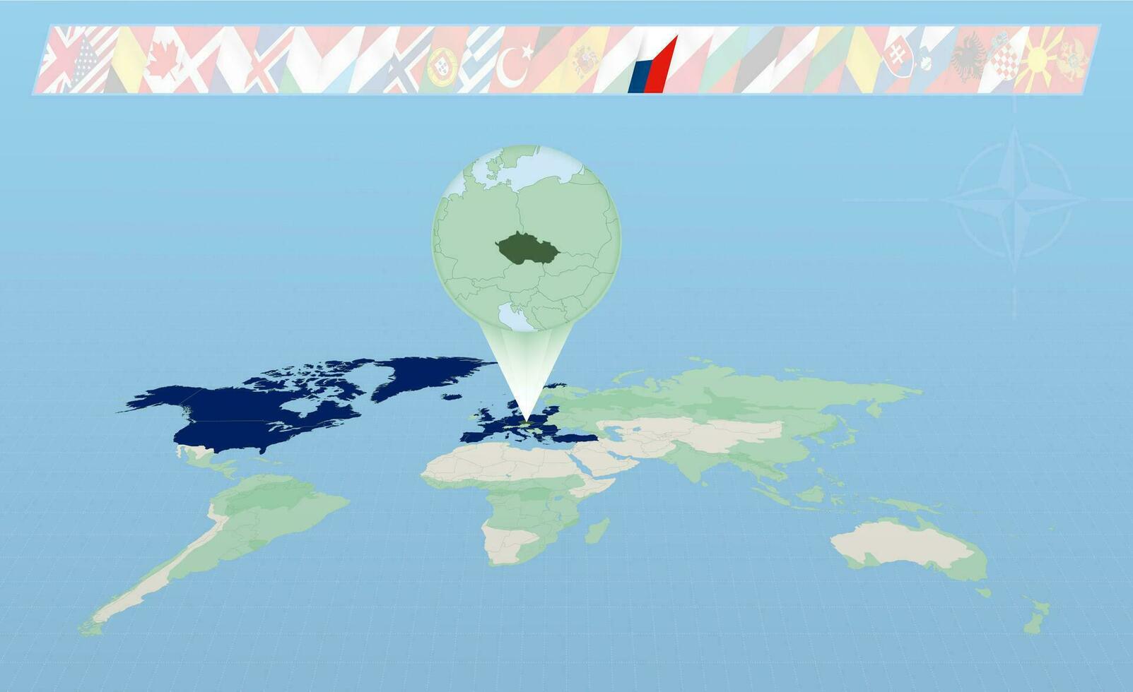 tcheco república membro do norte atlântico aliança selecionado em perspectiva mundo mapa. bandeiras do 30 membros do aliança. vetor
