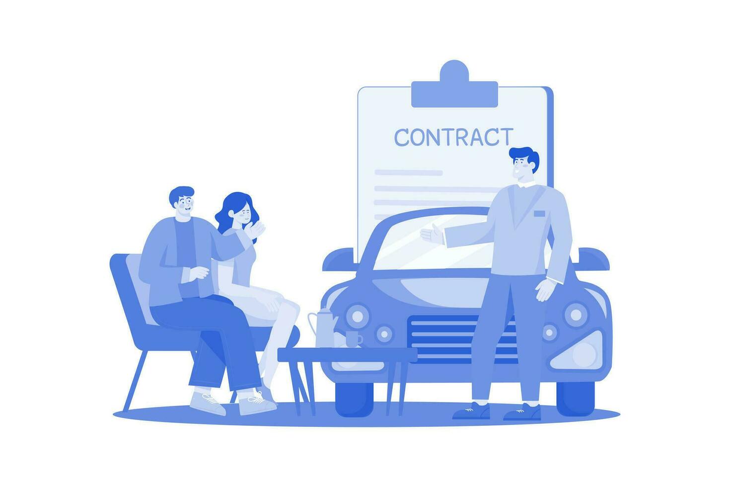 revendedor de carros explicando contrato de venda para um casal comprando um carro vetor