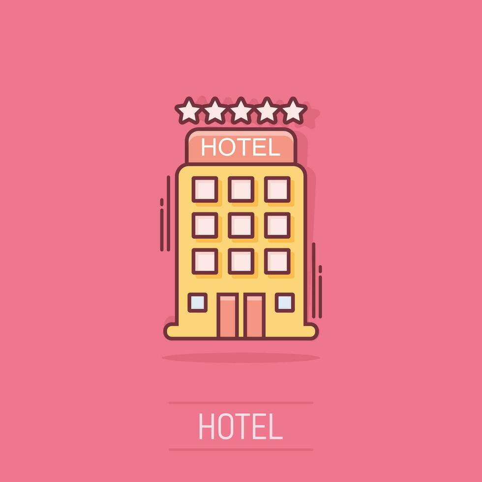 ícone de hotel de desenho vetorial em estilo cômico. pictograma de ilustração de sinal de torre. conceito de efeito de respingo de negócios de apartamento de hotel. vetor