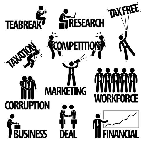 Negócios Finanças Empresário Entrepreneur Employee Worker Team Texto Palavra Stick Figure Pictograma Ícone. vetor