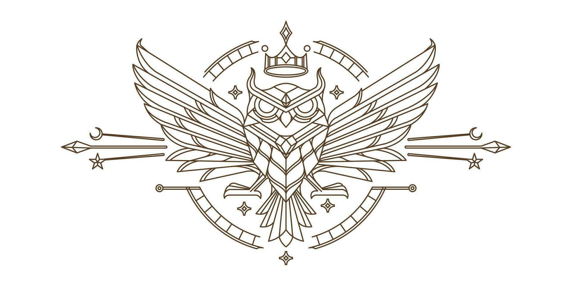 sagrado coruja parede arte linha Projeto. vintage desenhando do rei coruja geométrico Projeto com detalhado asas vetor místico ilustração.