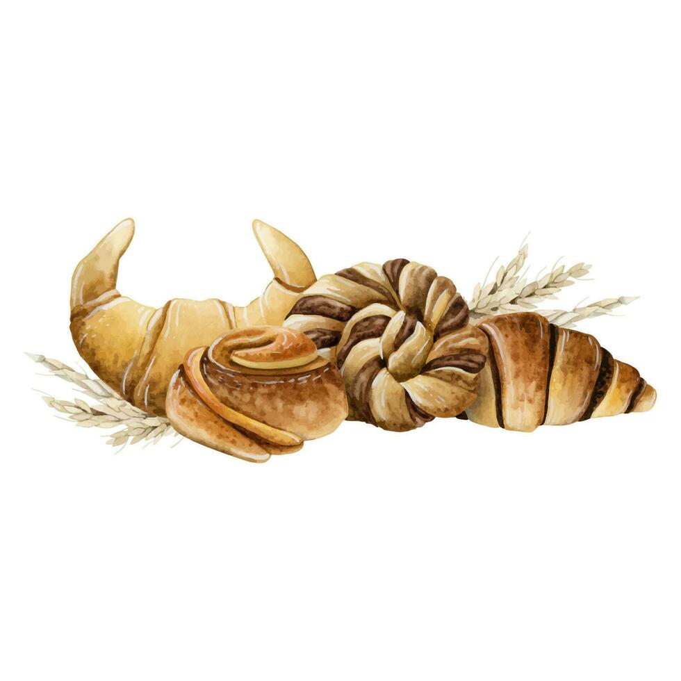 pastelaria croissants e canela chocolate trançado pães aguarela vetor ilustração para café da manhã e café pausa desenhos