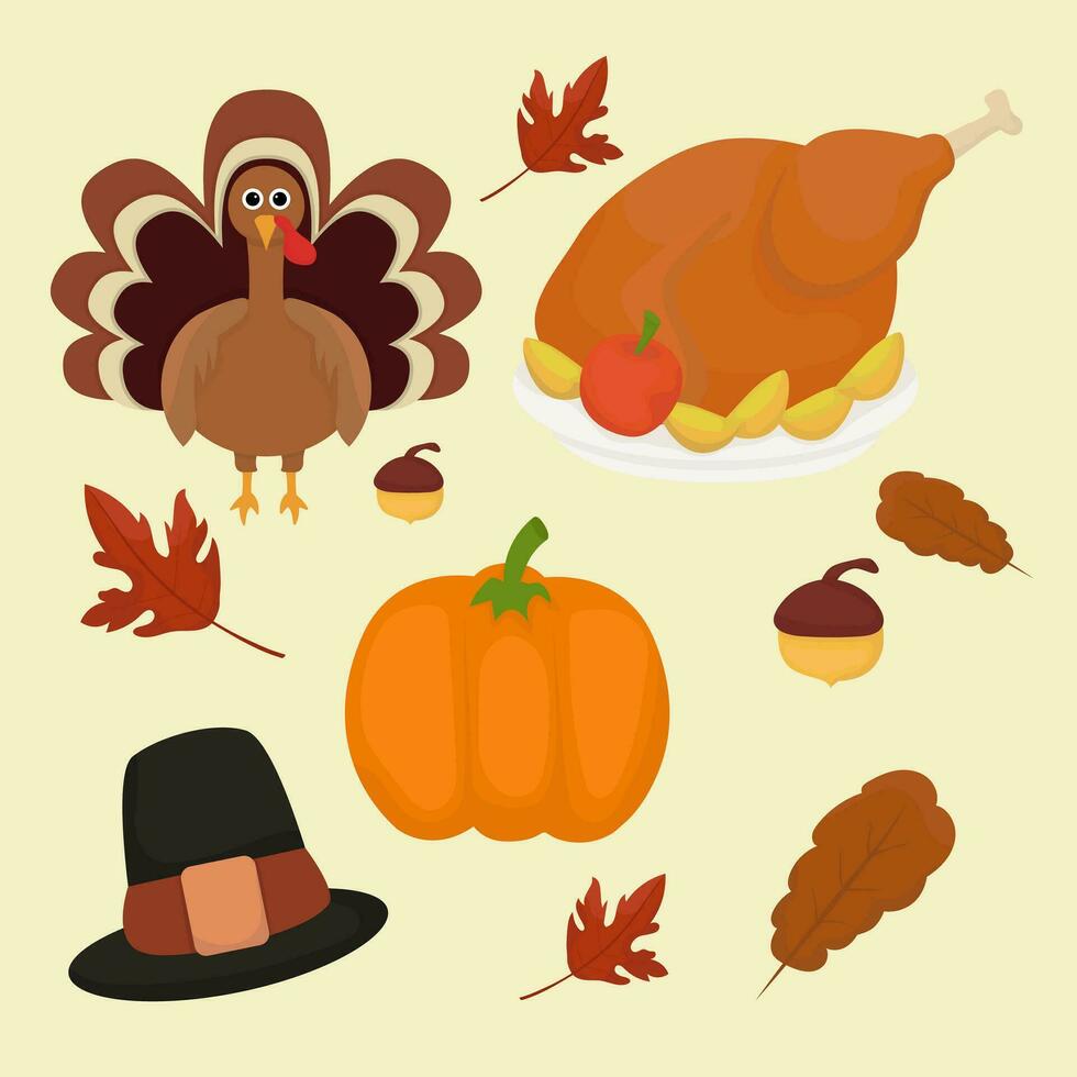 Ação de graças ícones conjunto do outono elementos com assado peru, desenho animado abóbora comida, peregrino chapéu. feliz Ação de graças dia. vetor