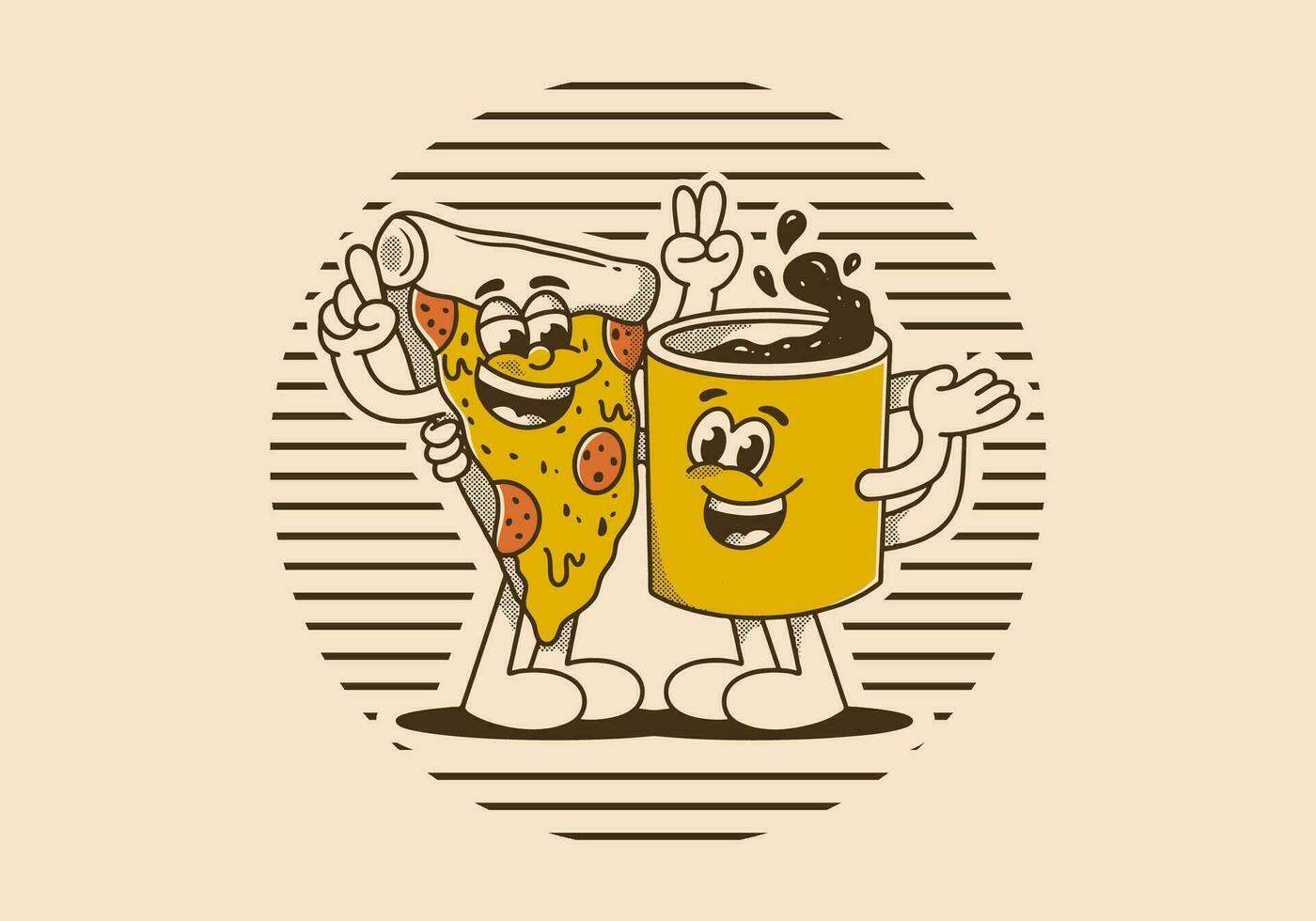 mascote personagem do uma café caneca e uma fatia pizza vetor