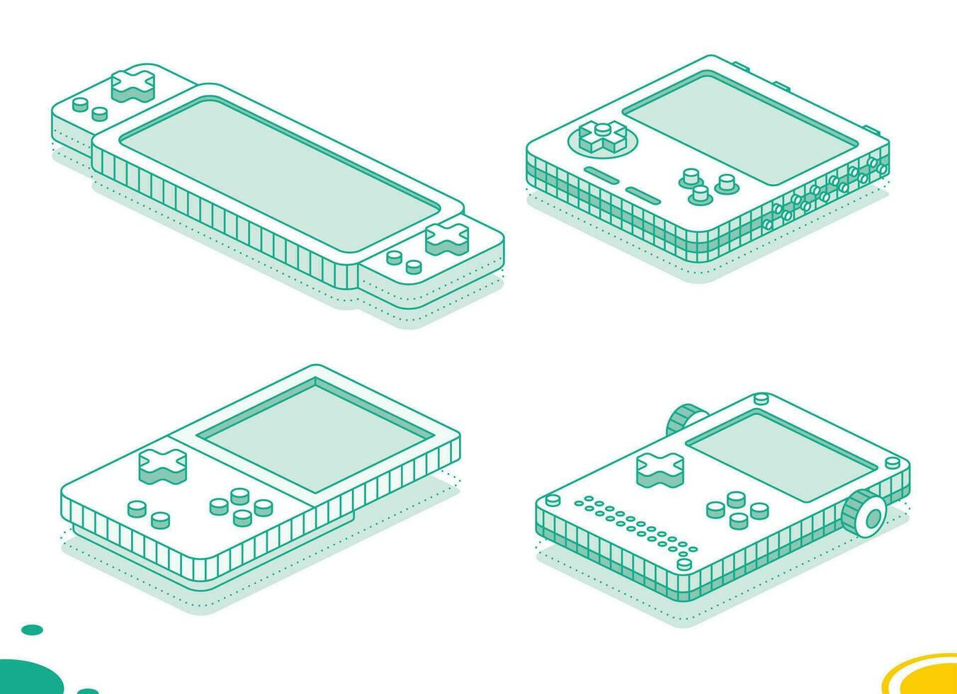 isométrico portátil portátil retro jogos console com botões. coleção do Unid. esboço conceito. objeto isolado em branco fundo. vetor