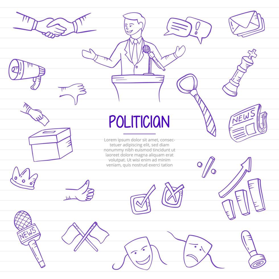 político na política, trabalho ou profissão, doodle desenhado à mão vetor