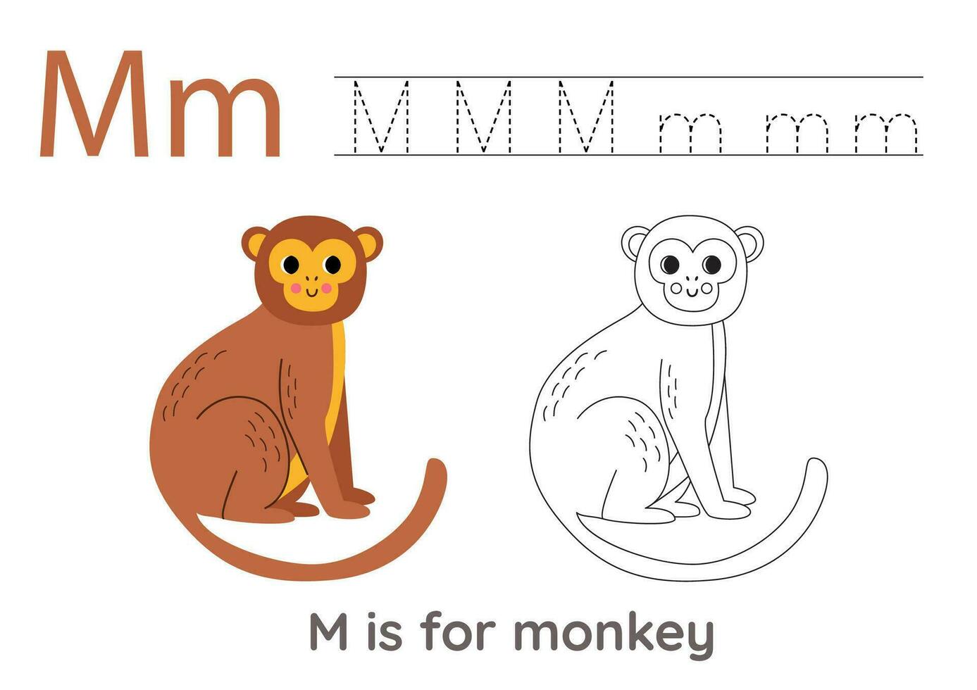 rastreamento alfabeto cartas com fofa animais. cor fofa macaco. vestígio carta m. vetor