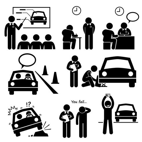 Homem recebendo licença de carro de condução escola lição Stick Figure pictograma ícones. vetor
