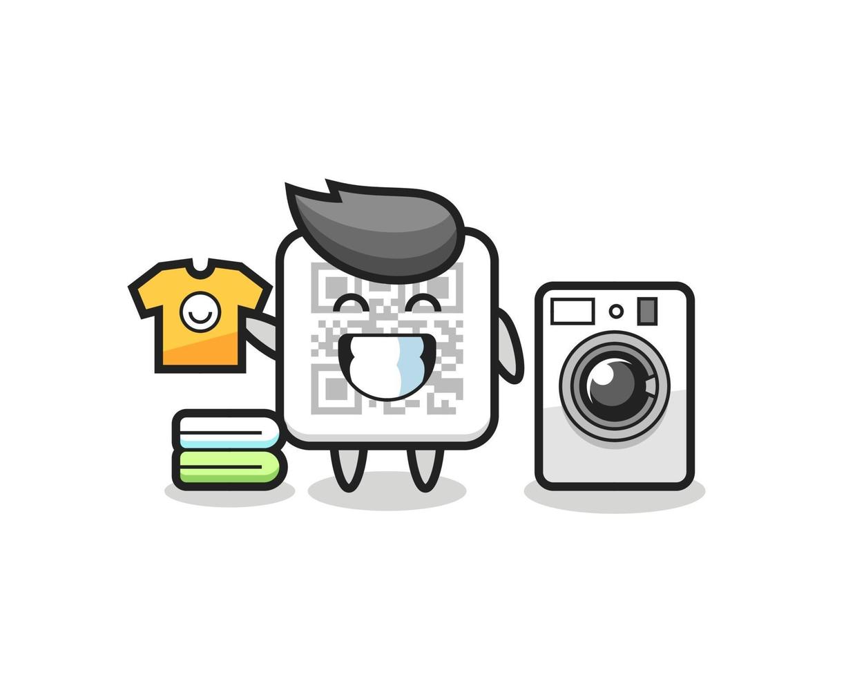 desenho da mascote do código qr com máquina de lavar vetor