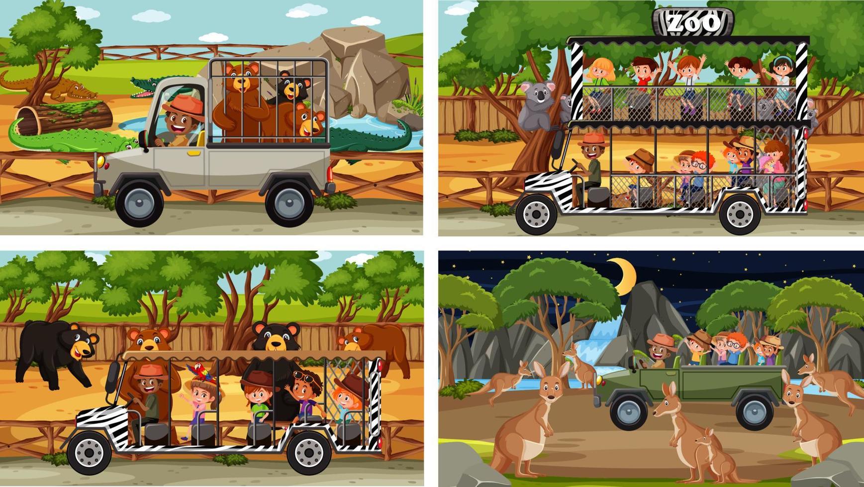 conjunto de diferentes cenas de safári com animais e personagens de desenhos animados infantis vetor