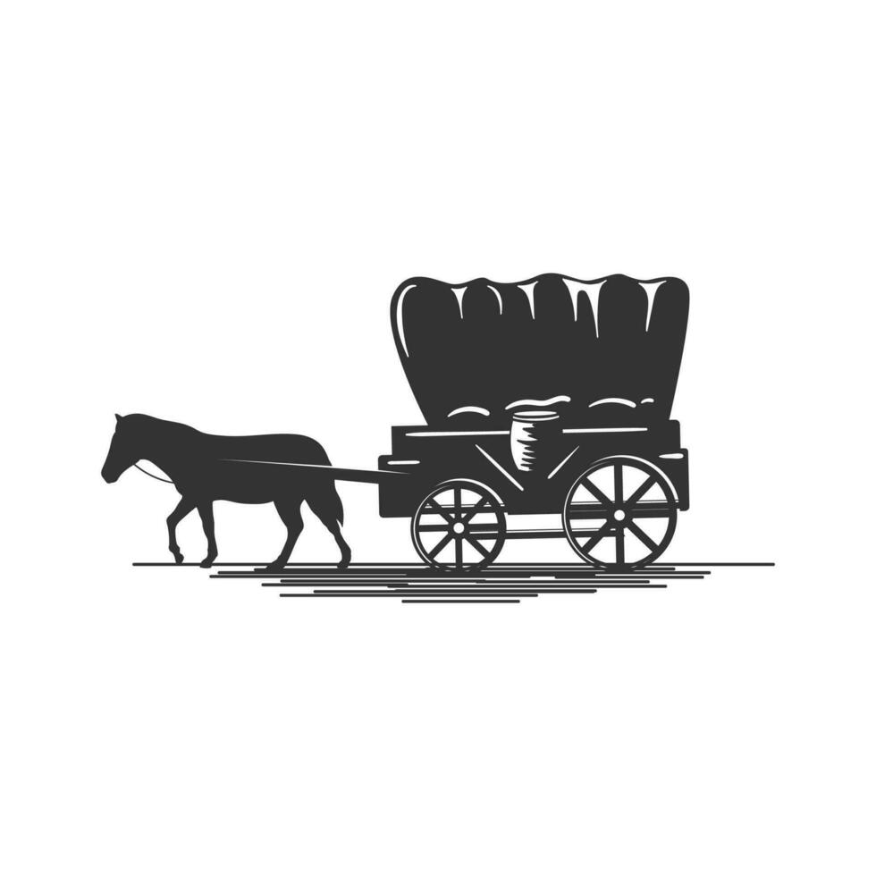 retro silhueta do texas vaqueiro carrinho coberto vagão ocidental com cavalo ilustração vetor